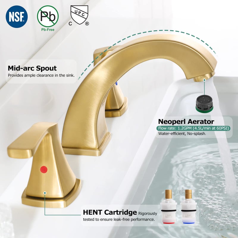 PARLOS 2-Handle Widespread Bathroom Faucet with Metal Pop Up Drain and cUPC Faucet Supply Lines, Brushed Gold, Doris 1417208 - Image 2